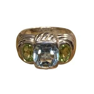 Judith Ripka Ring Size 8 Sterling Silver, Blue Topaz and Peridot Statement